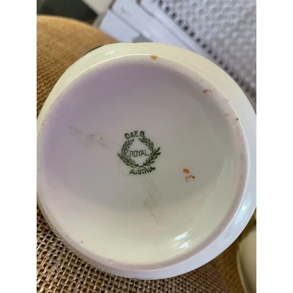 D & E.G. Royal Austria Handpainted Artist Signed Purple Floral Creamer & Sugar